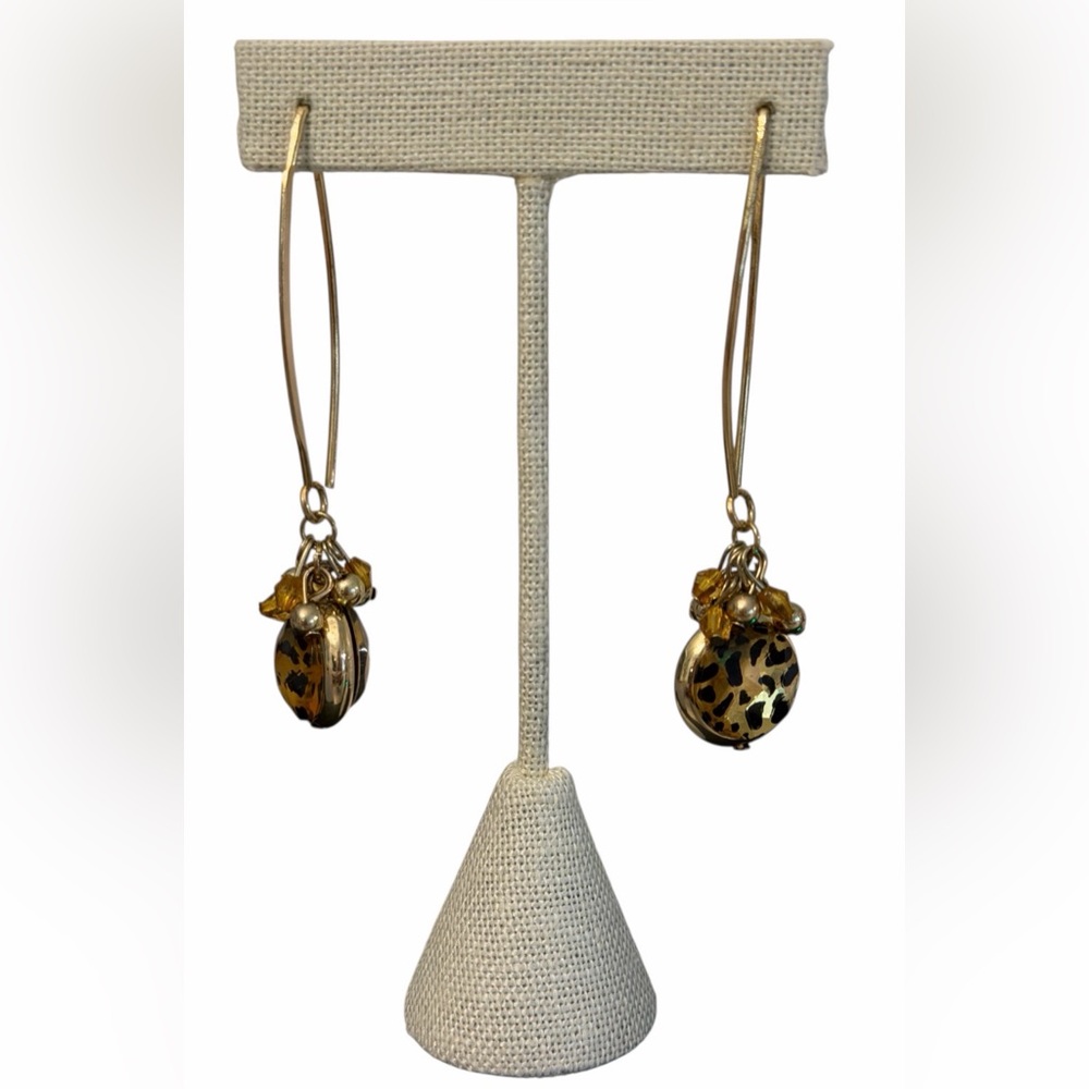 #729‎ Leopard Print Gold Dangle Earrings | Long Statement Drop